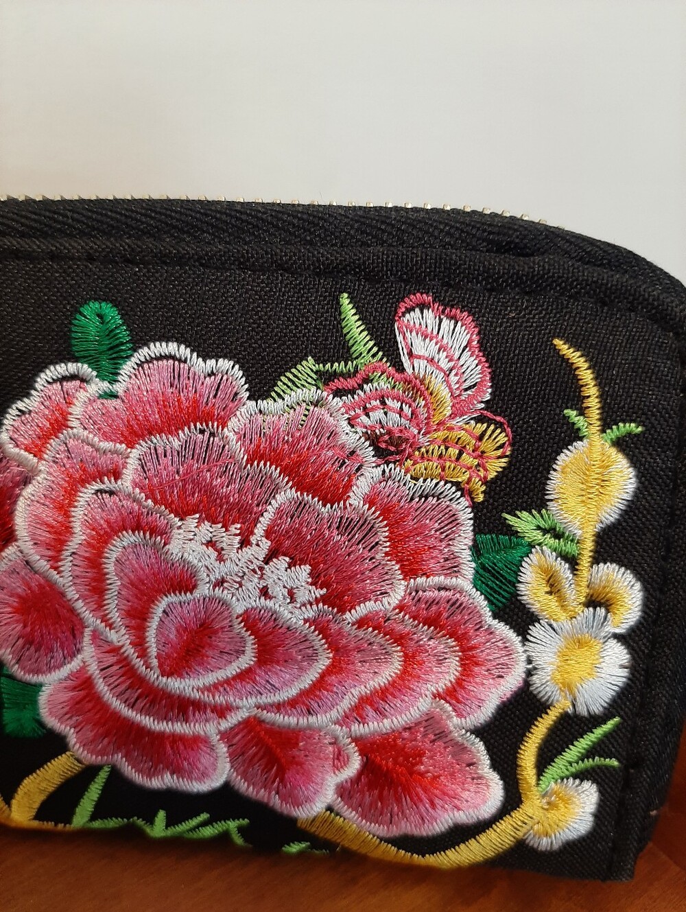 Unique Coquette Embroidered Floral Zip Wallet - Black with Pink Flowers - Picture 3 of 15